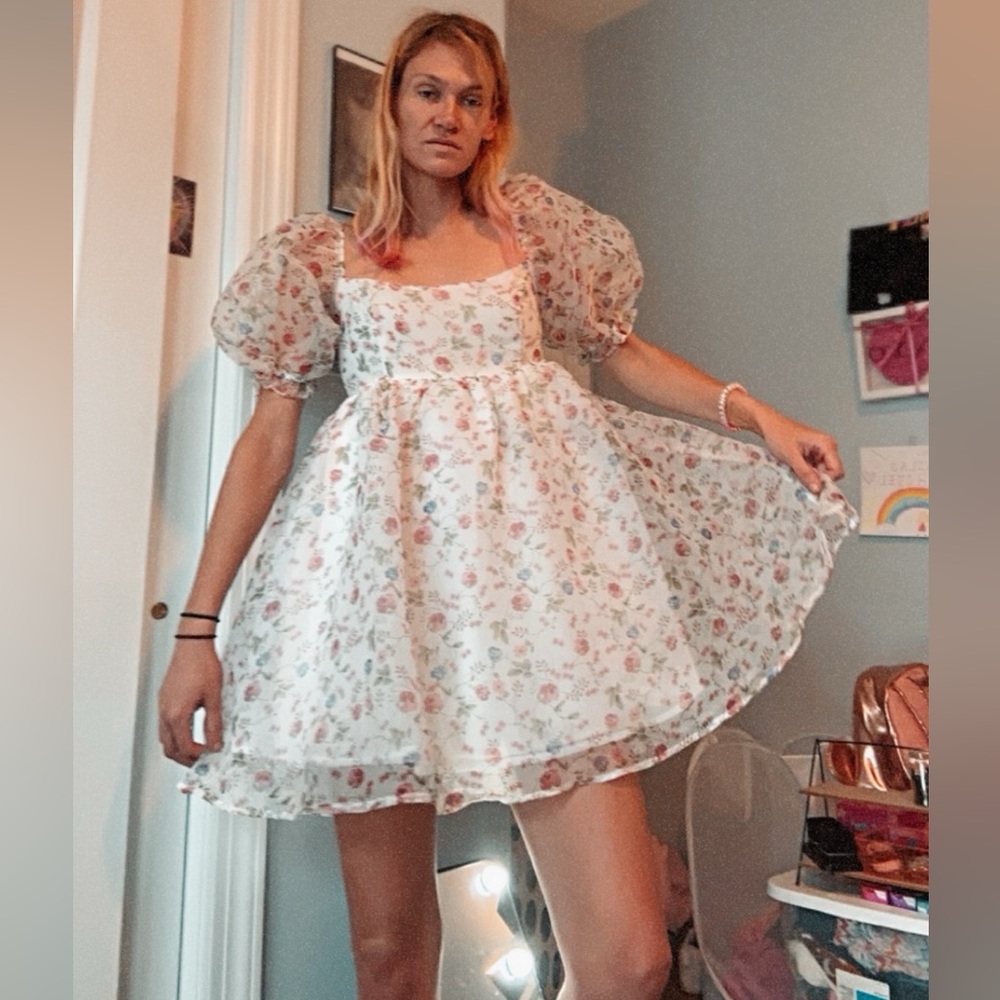 Babydoll Dress with Puffy Cap Sleeves and Full Skirt White w/ small Floral print